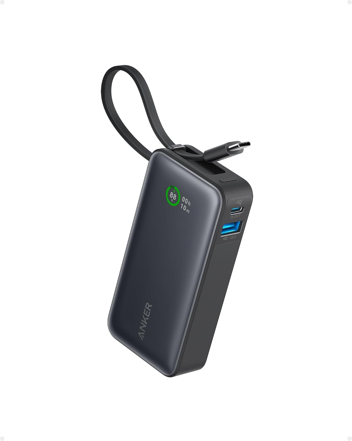 Anker Nano Power Bank, 10,000mAh Portable Charger with Built-In USB-C Cable, 30W Max Output, for iPhone 17/16 Series, MacBook, AirPods, and More