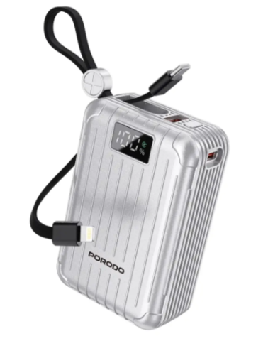 Porodo Petite 20000mAh Power Bank with Integrated USB-C & Lightning Cables, 22.5W Fast Charging - Silver
