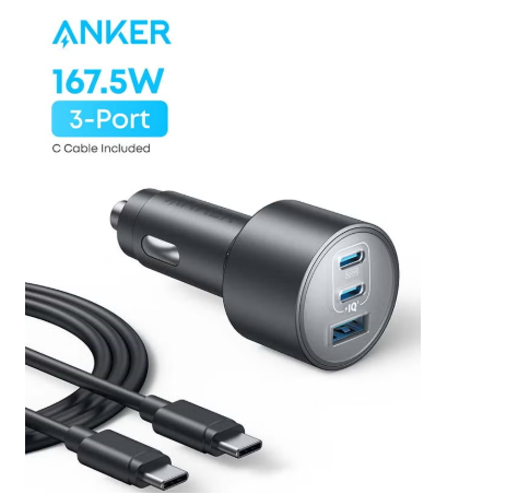 Car Charger, 167.5W Max 3-Port Car Charger Adapter, USB-C Car Adapter for MacBook Pro/Air, iPhone 17/16 Series, Samsung S26/ S25/ S24, iPad, Huawei, Xiaomi, Vivo, Oppo(USB-C to C Cable Included) Black