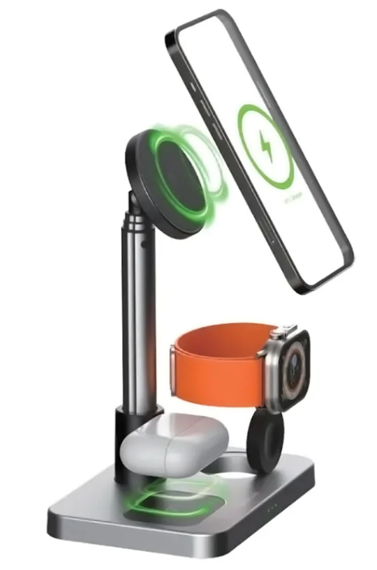 Green Lion 3-in-1 Telescopic Wireless Charger – Fast Charging Dock for Smartphones, Smartwatches & Earbuds – Silver