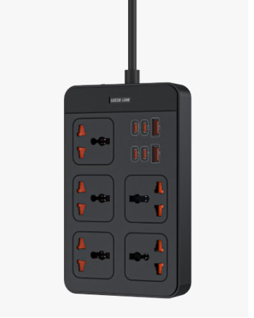 مقبس طاقة GS500 2500 واط/3 م سلك طاقة/ PD20W/ آمن وفعال/متوافق عالميًا/ 5 مقابس عالمية/ 2 USB - A/4 USB - C/ UK قابس /حماية الشحن - أسود