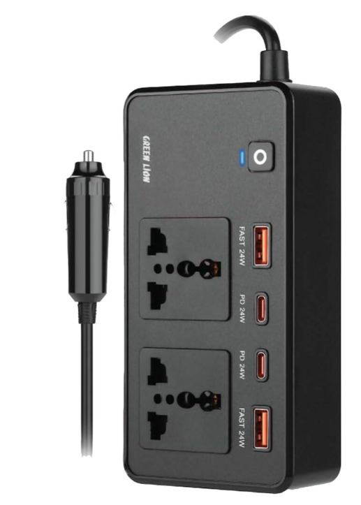 Green Lion GC-200 Car Inverter, 2Universal Sockets, 2USB-A Ports, 2USB-C Ports, QC 3.0 Charging, 200W Power, PD 24W Charging, Durable Flame Retardant Material, Small & Fit - Black