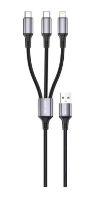 كابل 3 في 1 USB - A من Green Lion إلى 2 USB - C/Lightning، مع 10000 انحناء عمر، طول 1 متر، آمن ومأمون، شحن ومزامنة، شحن 27 واط، USB 2.0 480 ميغابت في الثانية نقل البيانات، مضفر + TPE + مادة سبائك الألومنيوم - أسود