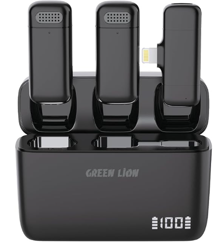ميكروفون لاسلكي Green Lion GM-85X (نظام Duo Cast) - 3 في 1، شاشة LED، وقت تشغيل 6 ساعات، مستقبل يدعم منافذ USB-C وLightning والكاميرا، مزايا تقليل الضوضاء وصدى الصوت ووضع الصمت.