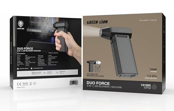 Green Lion Duo Force 2-in-1 Air Blower & Vacuum, 180W High Power, 7500Pa Suction, 131,000 RPM, 3-Speed Brushless Motor, 2000mAh Battery, 80 Minutes Battery Life, Portable & Rechargeable - Black