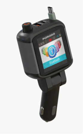 شاحن سيارة Porodo Voltrush USB متعدد المنافذ مع شاشة TFT وكابل قابل للسحب - أسود