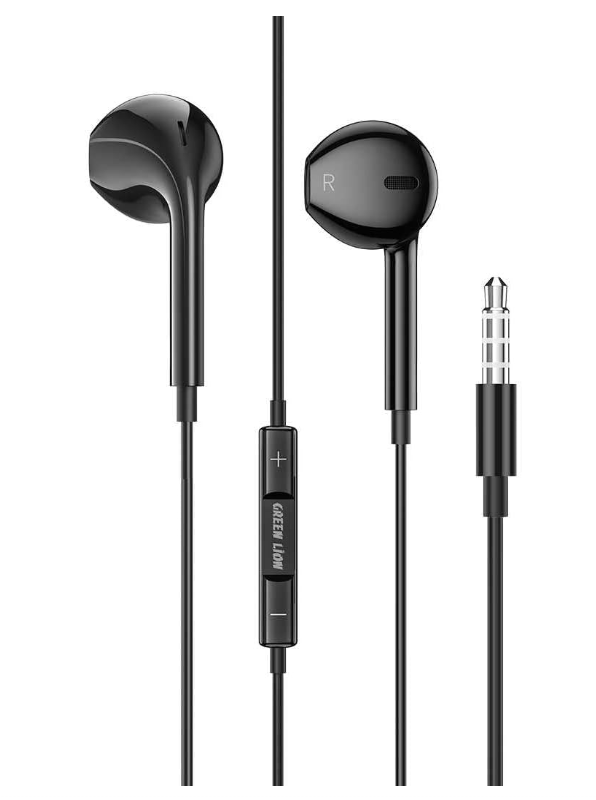 Green Lion Stereo Earphones 3.5mm with Built-In Mic - Black