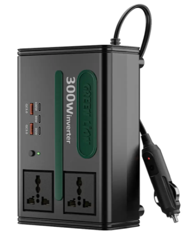 عاكس سيارة Green Lion GC -300 بقوة 300 واط، 7 في 1 متعدد المنافذ، مروحة تبريد مدمجة، فيوز أمان، خرج تيار متردد 220 فولت، طول سلك 50 سم، جهد دخل 12.8 فولت تيار مستمر - أسود