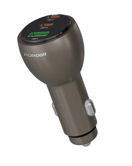 شاحن سيارة متعدد المنافذ Porodo Valtro 130W، توصيل طاقة فائق السرعة 100 واط USB - C و 18 واط QC محول USB - A سريع الشحن، شاحن ولاعة سجائر من سبائك الألومنيوم شديد التحمل لأجهزة iPad و iPhone وبني
