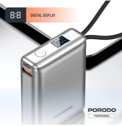Porodo Petite 10000mAh Power Bank with Integrated Type-C & Lightning Cable - Silver