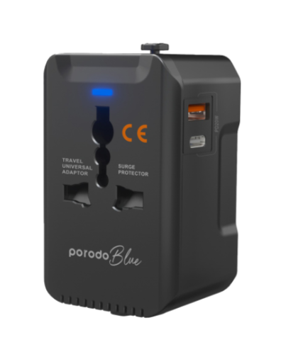 شاحن عالمي Porodo أزرق مزدوج المنفذ - أسود