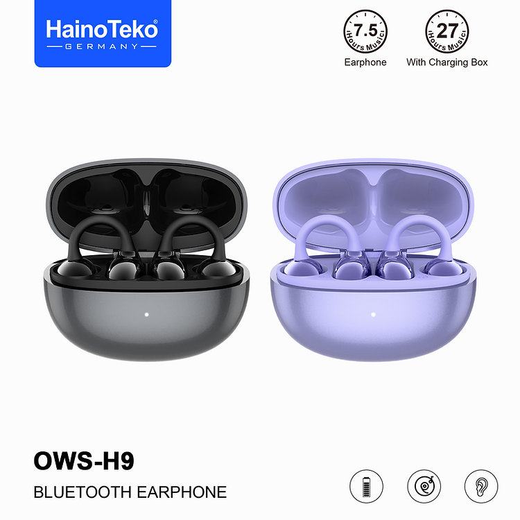 Haino Teko OWS-H9 Wireless Bluetooth Earbuds, Touch Control, Long Battery Life, Noise Reduction, Charging Case, Black/Purple