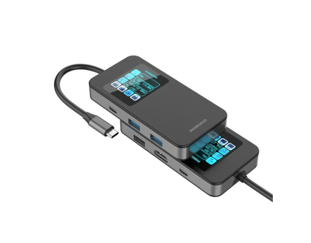 Porodo 6 في 1 محور USB - C متعدد المنافذ مع شاشة رقمية ذكية - رمادي