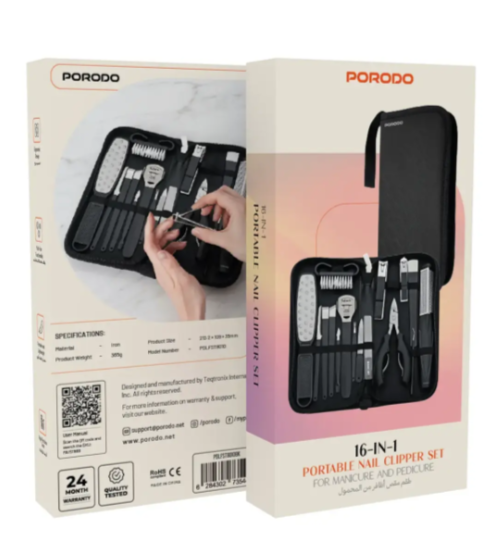 Porodo 16-In-1 Portable Nail Clipper Set for Manicure & Pedicure