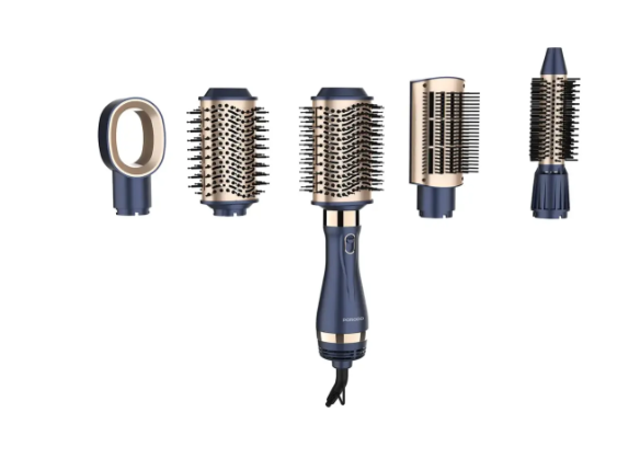 Porodo 5-In-1 Hot Air Brush Styling Set with Straightening & Curling Tool - Blue & Gold