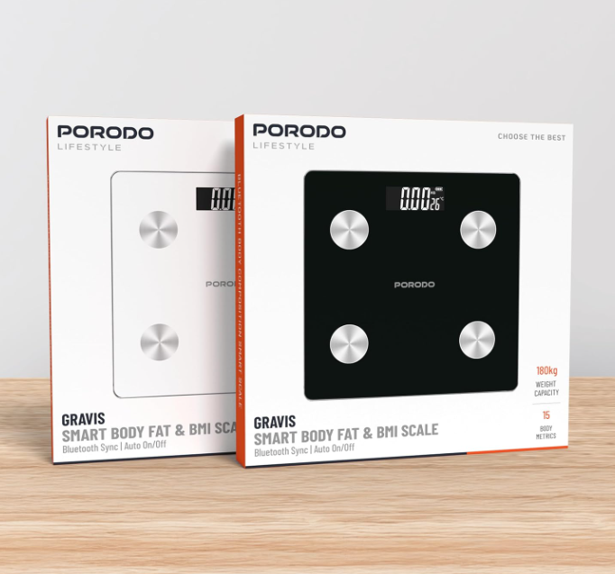 مقياس Porodo GRAVIS الذكي لدهون الجسم ومؤشر كتلة الجسم مع شاشة رقمية، تشغيل/إيقاف تلقائي، سعة وزن 180 كجم، 15× مقاييس الجسم، مقياس وزن الحمام الرقمي مع محلل مؤشر كتلة الجسم ومزامنة تطبيق البلوتوث (أسود)