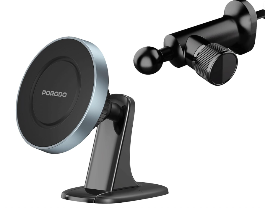 حامل هاتف مغناطيسي ثنائي التثبيت من Porodo للواجهة وفتحة التهوية، متوافق مع MagSafe، حامل مغناطيسي قوي، زاوية عرض قابلة للتعديل متوافق مع iPhone 16/15/14/13/12