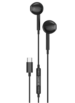 سماعات ستيريو Porodo Soundtec من النوع C مع ميكروفون عالي الوضوح، 3 أزرار للتحكم، طول الكابل 1.2 متر، متوافق مع iPad، الهواتف الذكية، سماعات الرأس، الأجهزة اللوحية، مكبرات الصوت - أسود
