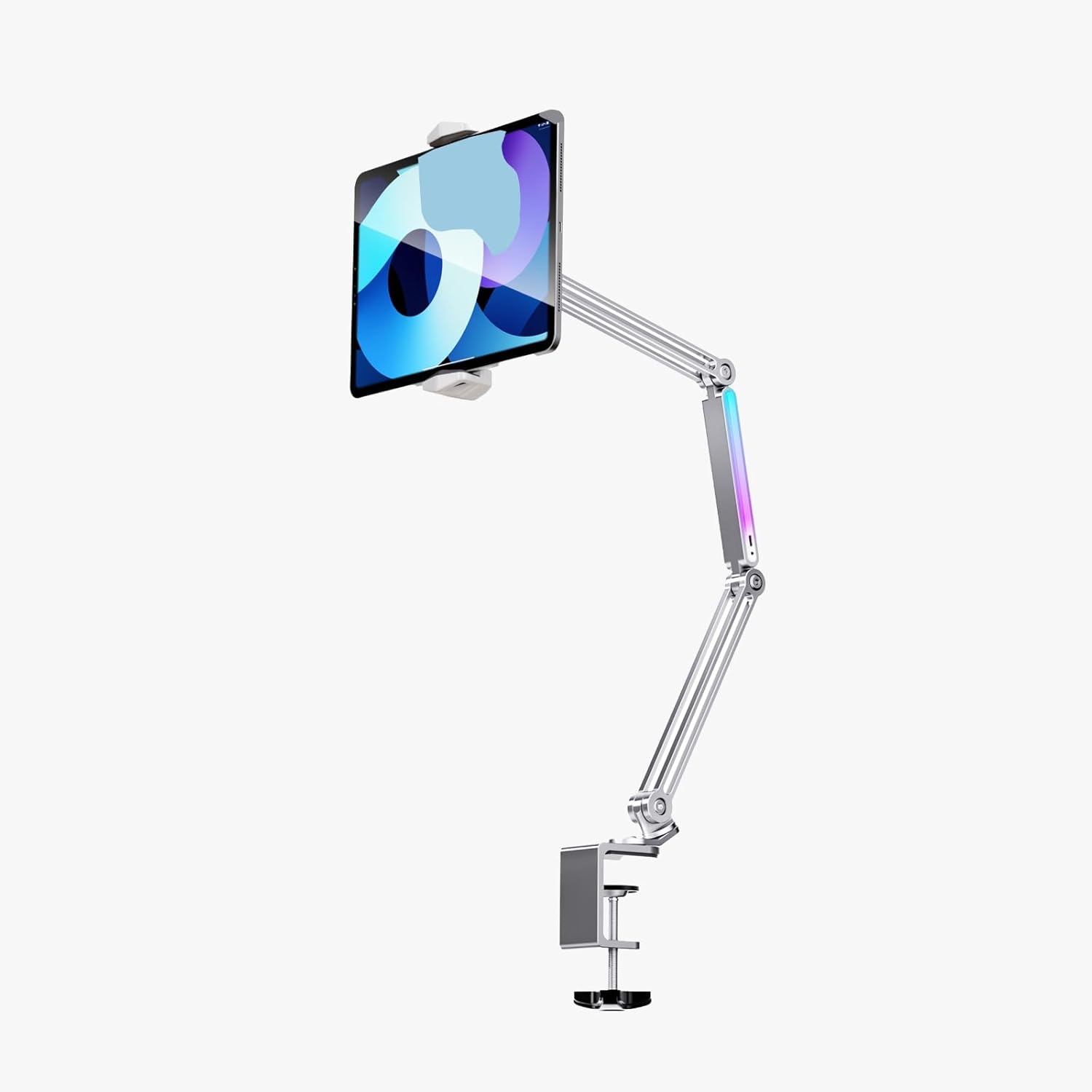 حامل Porodo بذراع مفصلي (Cantilever) قابل للتعديل والطي ومصنوع من سبائك الألومنيوم، مزود بإضاءة LED، زاوية رؤية مرنة بزاوية 360 درجة، إضاءة محيطية RGB، توافق واسع (للهواتف والأجهزة اللوحية حتى 12.9 بوصة)، ارتفاع 78 سم - لون رمادي.