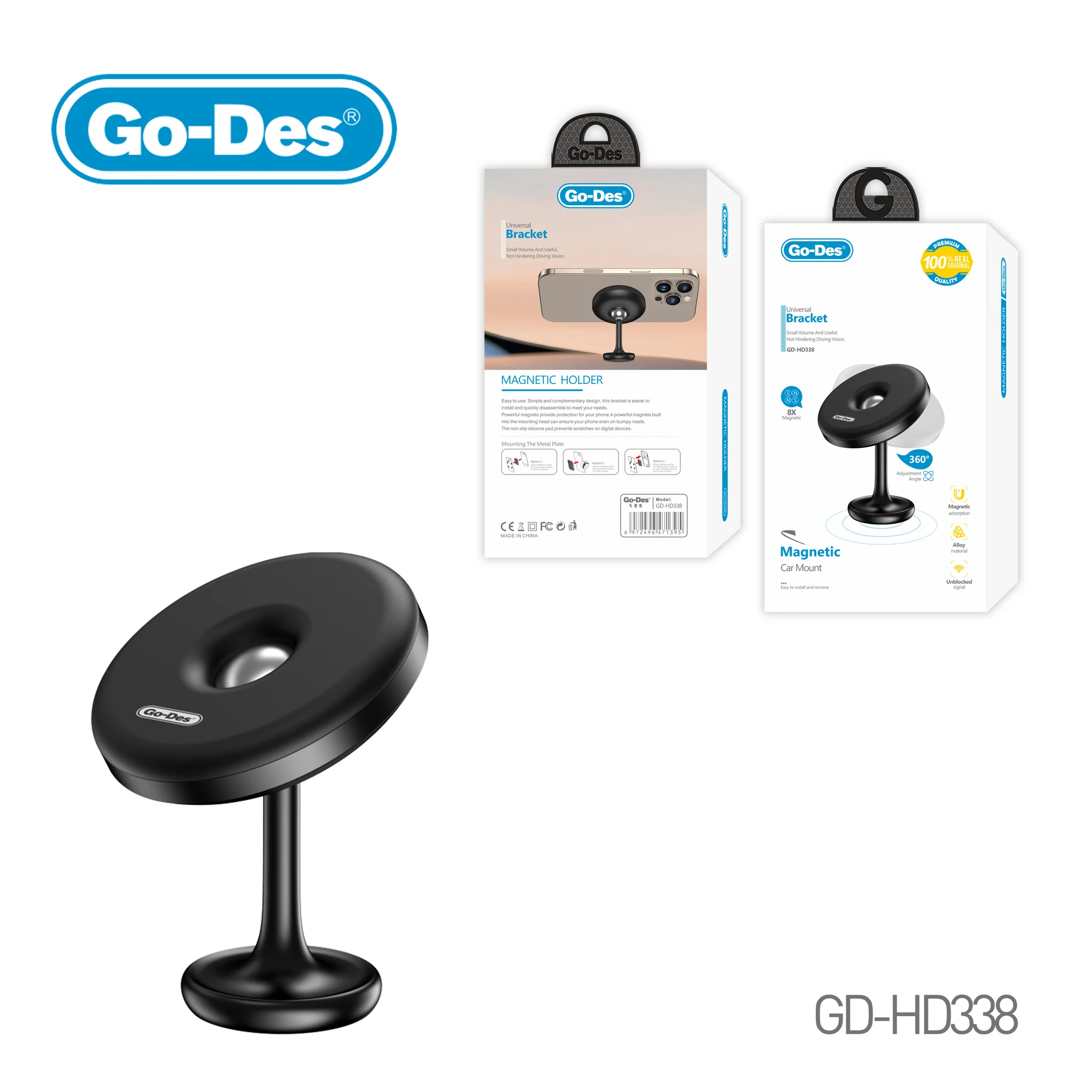 Go - Des GD - HD338 حامل سيارة مغناطيسي عالمي – حامل هاتف مضغوط 8 مغناطيس مع دوران 360 درجة ولوحة مضادة للانزلاق (أسود)