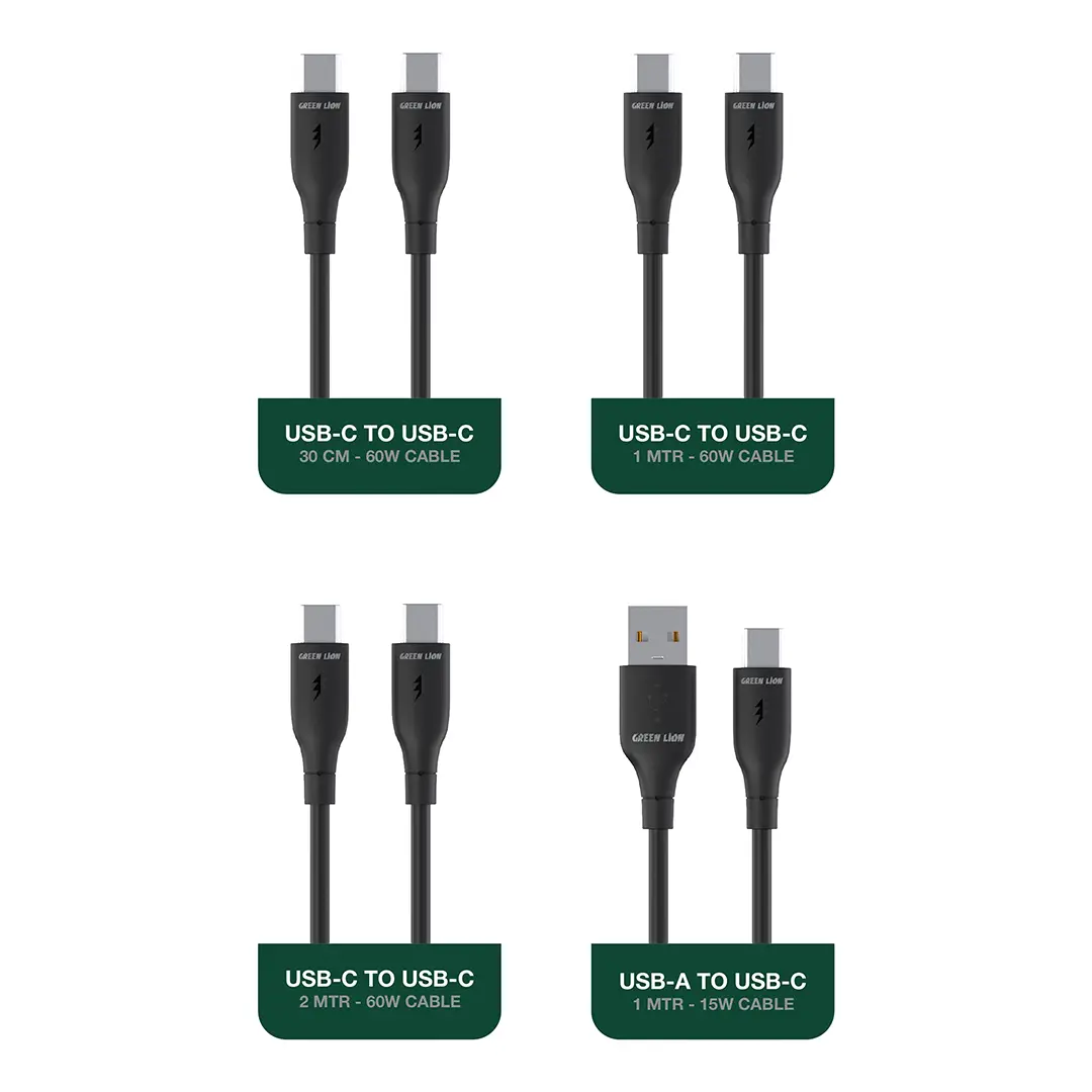 طقم كبل أخضر 4 في 1 متعدد الإمكانات – كبلات USB - C و USB - A بقدرة 60 واط (30 سم، 1 متر، 2 متر) للشحن السريع والمزامنة (أسود)