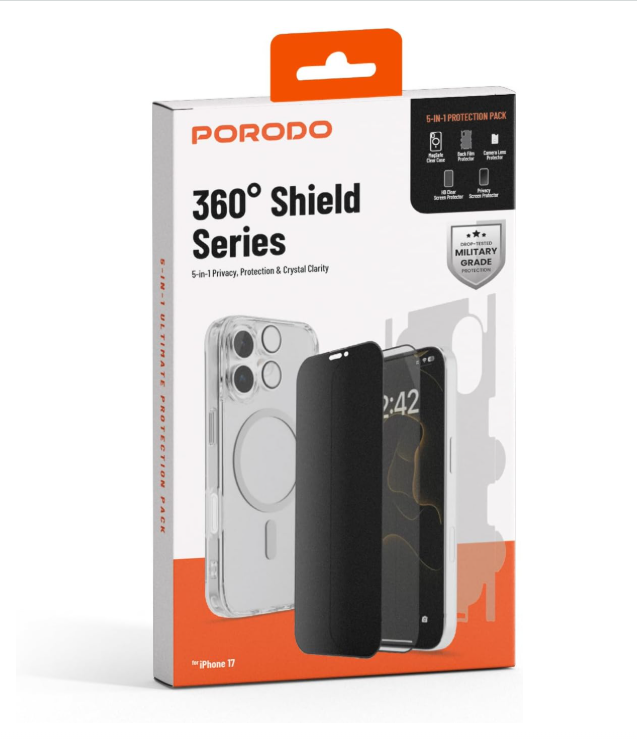 حزمة حماية Porodo 5 في 1 لهاتف iPhone 17 Pro، [متوافقة مع حافظة MagSafe، واقي عدسة الكاميرا، واقي شاشة عالي الدقة وواقي شاشة للخصوصية، طبقة خلفية]، حزمة كومبو كاملة 360 درجة، مقاومة للخدش - شفافة