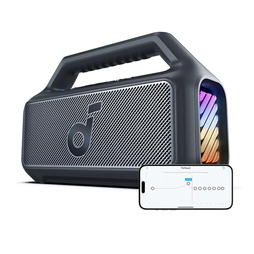 مكبر صوت Soundcore Boom 2 من Anker - مكبر صوت بلوتوث خارجي بقوة 80 واط مع مضخم صوت، وتقنية BassUp 2.0، وإضاءة RGB، ومقاوم للماء بمعيار IPX7 وقابل للطفو، ووقت تشغيل يصل إلى 24 ساعة