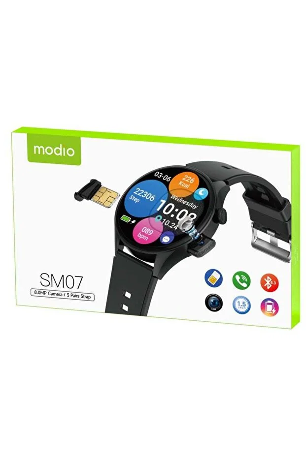 Modio SM07 Smartwatch with 1.5 Inch Full Touch Display SIM Card Slot 8MP Camera 3 Pair Straps and Charging Cable Designed for Ladies and Gents Silver