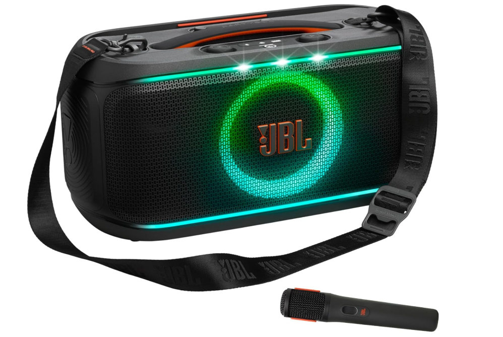 JBL PartyBox On - The - Go 2 مكبر صوت محمول بتقنية البلوتوث مع ميكروفون لاسلكي، عرض ضوئي ديناميكي، وقت تشغيل لمدة 15 ساعة، مقاوم للرذاذ، حزام مقبض وكتف – صوت JBL Pro قوي