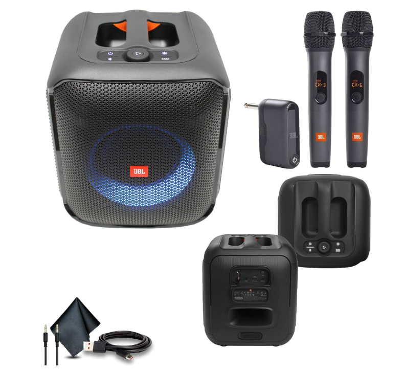 JBL Partybox Encore Essential، صوت 100 واط، عرض إضاءة ديناميكي مدمج وتصميم مقاوم للرذاذ (JBLPBENCOREESSAM) + نظام لاسلكي ثنائي الميكروفون مع مستقبل +