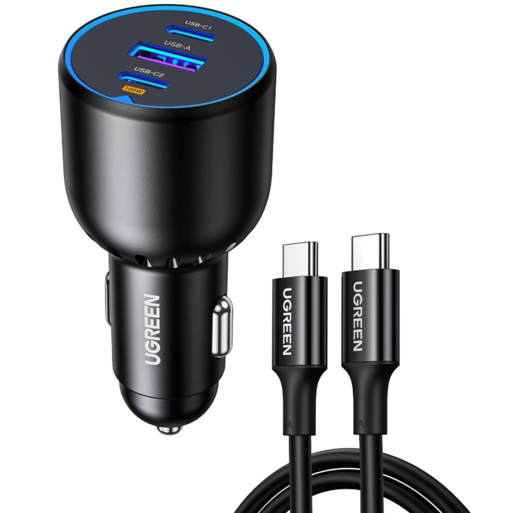 شاحن سريع للسيارة من النوع C من UGREEN 130 واط لهاتف iPhone 17، محول طاقة USB للسيارة من 3 منافذ Macbook مع كابل USB C 100 واط، شاحن سيارة لسلسلة Samsung S25، iPhone، Steam Deck، Macbook، أجهزة الكمبيوتر المحمولة، الأجهزة اللوحية