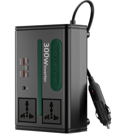 محول سيارة متعدد المنافذ أخضر ليون GC -300 7 في 1 مع تحويل تيار مستمر إلى تيار متردد و تيار مستمر 12.8 فولت - أسود