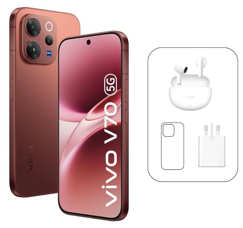 Vivo V70 5G - بني 12 + 512 جيجابايت | كاميرا زيس 50 ميجابكسل | شاشة أموليد 1.5K 120 هرتز | 6500 مللي أمبير في الساعة | بطارية IP69، 4 سنوات
