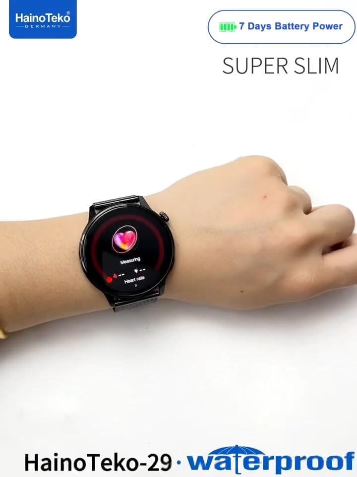 ساعة HainoTeko-29 الذكية بشاشة AMOLED ومقاومة للماء مع اتصال BT ومكالمات، بطارية تعمل لمدة 7 أيام، 3 أحزمة وكابل شحن، مصممة للنساء والرجال (فضي)