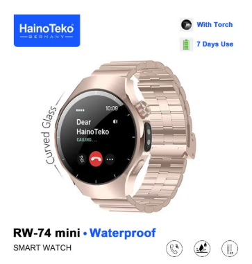 ساعة ذكية HainoTeko RW-74 ميني مقاومة للماء بتصميم مع شاشة AMOLED منحنية ومكالمات بلوتوث وثلاثة أحزمة وكابل شحن للنساء باللون الذهبي الوردي