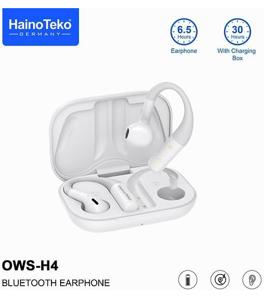 HainoTeko OWS-H4 OpenFit Bluetooth Earphone, White, 6.5 Hours Playtime, 30 Hours with Charging Box
