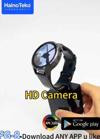ساعة هاينو تيكو FG-8 الذكية بنظام أندرويد مع دعم شريحة 5G وشاشة AMOLED حقيقية وكاميرا دوارة وزوجان من الأحزمة، مصممة للرجال، باللون الأسود