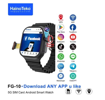 ساعة ذكية FG-10 5G تعمل بنظام أندرويد مع فتحة بطاقة SIM، كاميرا قابلة للدوران، دعم متجر Play، شاشة كاملة تعمل باللمس، بلوتوث وواي فاي، تتبع اللياقة البدنية، مصممة للسيدات والرجال، باللون الأسود