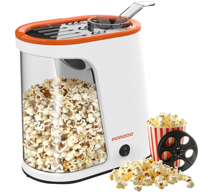 Porodo Electric Popcorn Maker, 1200W Hot Air Popcorn Machine, Homemade Fresh Pop corn in Under 4 Minutes, Healthy Snacking Oil-Free is Perfect for Home Theatres, Movie Nights, Parties, White/Orange