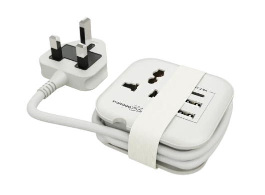 مقبس طاقة متعدد المنافذ من Borrodo Blue Volga مع منفذي USB - A و C - أبيض