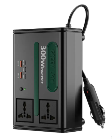 محول سيارة متعدد المنافذ أخضر ليون GC -300 7 في 1 مع تحويل تيار مستمر إلى تيار متردد و تيار مستمر 12.8 فولت - أسود