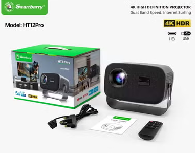 SMARTBARRY HT12 Pro 4K Ultra HD Smart Projector | 28000 Lumens | Android 13 | WiFi 6 & Bluetooth 5.2 | Auto Focus & Keystone | Home Theater & Outdoor Movie Projector