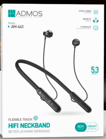 Admos Wireless Digital Display In Ear Earphone Wireless In Ear Neckband with Up To 80 Hours of Playtime And Bluetooth