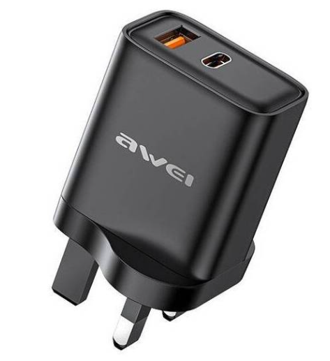 AWEI Dual Output Fast Charging Adapter, USB C AC 100-240V, 20W Power Delivery, USB C Output, UK Plug, 3 Pin Plug, Black | PD81-UK