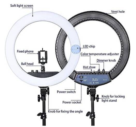 RL -18 LED ضوء حلقة ناعمة، 3200K -5600K درجة حرارة اللون، سطوع قابل للتعديل، ثلاثة حاملات، USB مدعوم، مضمن عن بعد، أبيض | RL18