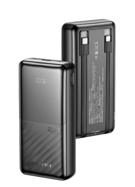 AWEI - Power Bank 20000mAh 22.5W with Built-in Type-C + Lightning Cable - Black