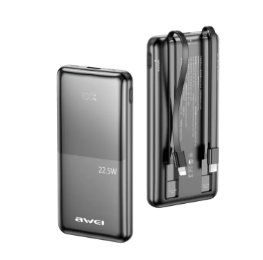 AWEI - Power Bank 10000mAh 22.5W Built-in Cable - Black