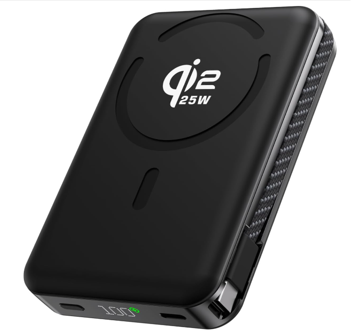 Generic KU XIU Qi2.2 25W Solid-State Magnetic Portable Charger, for Magsafe 10000mAh Battery Pack, Built-in USB-C Cable Fast Charging Stand for iPhone 17/16/15/14/13 Pro Max, Black