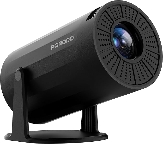 Porodo Wireless Mirroring Multi-Angle Projector, 4K Resolution, 40"-130" Projection Area, Andriod 11, Bluetooth V5.0 & Wi-Fi Connectivity, Auto Keystone Technology, 50W LED Lamp, 3W Speaker - Black