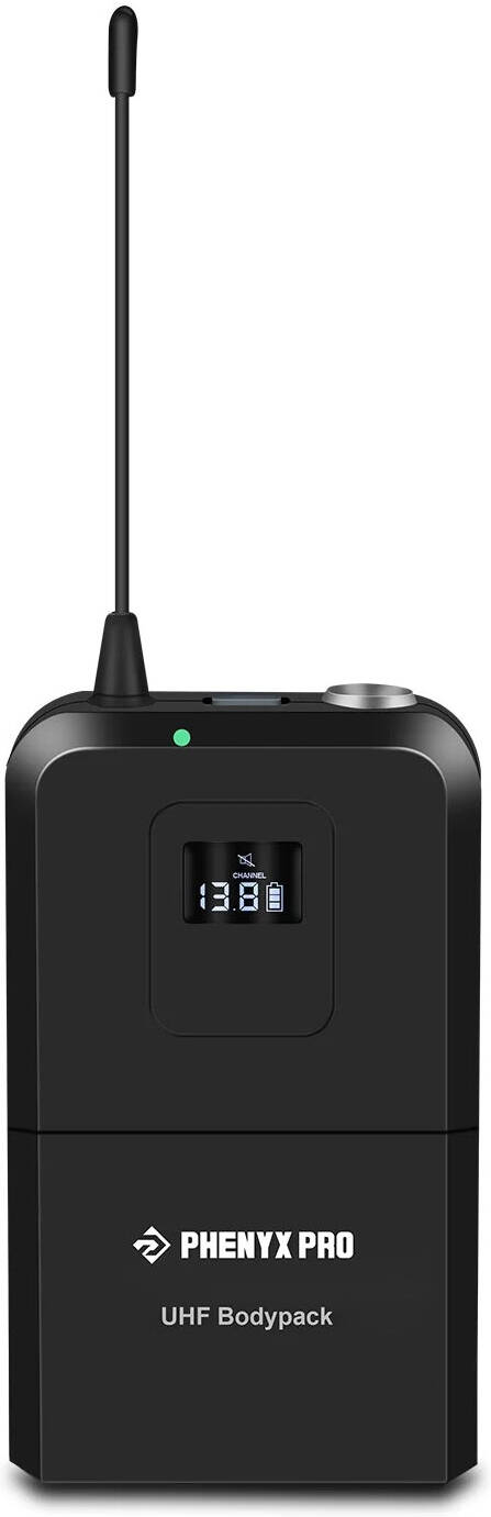 Phenyx Pro PTU -71-2 B نظام ميكروفون لاسلكي مزدوج UHF، وظيفة المسح التلقائي، مخرجان XLR، نطاق تشغيل يصل إلى 328 قدم، قابل للتركيب على حامل، عمر بطارية 8 ساعات، أسود | PTU -71-2 B